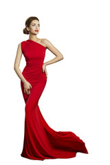 Naklejka premium Lady Evening Dress, Elegant Woman in Long Gown with Tail, Fashion Model Isolated on White, beautiful well dressed girl