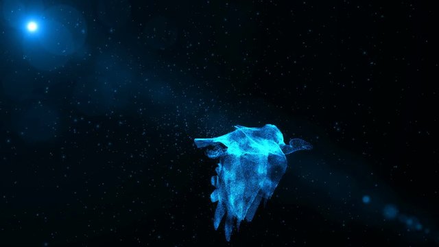 Bird of prey, glowing abstract animal flying through particles, fantasy 3D animation