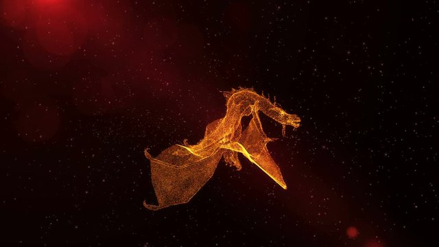 Fire Dragon, mythical creature flying through particles, abstract fantasy 3D animation