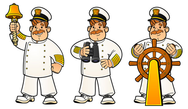 Cartoon sailors. A set of images. The captain beats the ship's bell, holds the binoculars, stands at the helm.