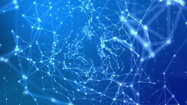 Flying through Network of Light Particles or Flares or Stars Connected with Glowing Lines in Colorful Space or Universe | Seamless Looping Animated Motion Background Blue Cyan