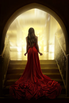 Elegant Woman Silhouette In Long Red Gown, Lady Back Rear View, Fashion Model Dress Fabric Waving On Stairs