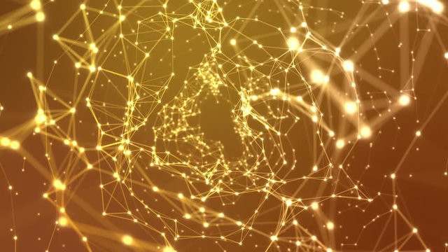 Flying through Network of Light Particles or Flares or Stars Connected with Glowing Lines in Colorful Space or Universe | Seamless Looping Animated Motion Background Yellow Orange Gold