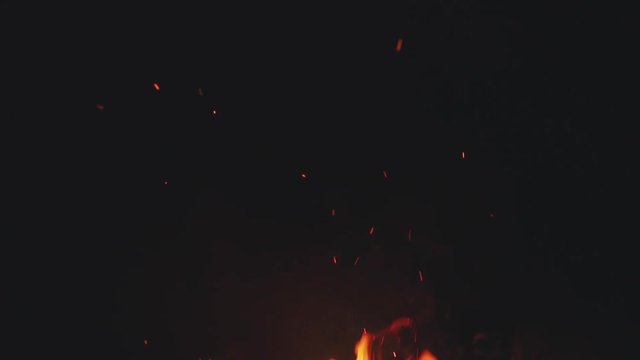 fire flames with sparks from campfire over black background