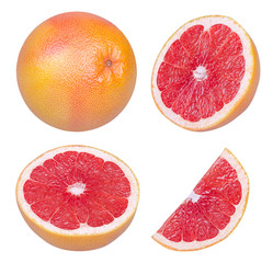 Isolated grapefruits. Collection of whole grapefruit and slices isolated on white background with clipping path