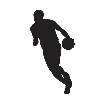 Basketball player running with ball, isolated vector silhouette