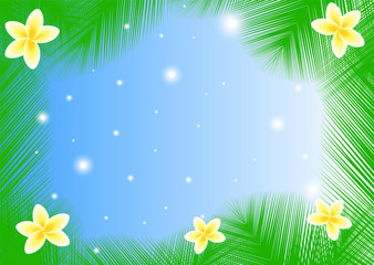 Fototapeta na wymiar Beautiful colorful vector frame with palm leaves and frangipani flowers