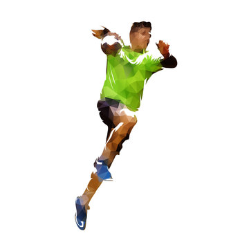 Handball player shooting ball, polygonal vector isolated illustration