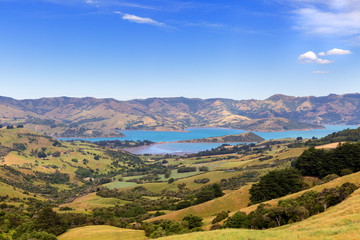 Barrys bay, Akaroa, New Zealand. A view from the hill