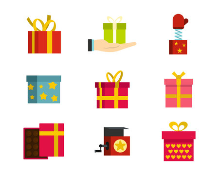 Gift box icon set, flat style