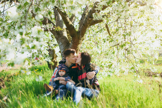 Joyful man, woman rest on nature hug, play, kiss with little cute child baby boy. Mother, father, little kid son sit under white flower tree. Family sun day 15 of may, love, parents, children concept.