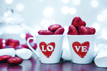 two cups with decorate red heart of valentine style