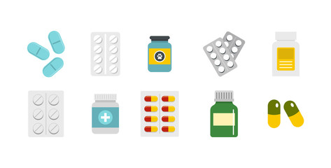 Pills icon set, flat style