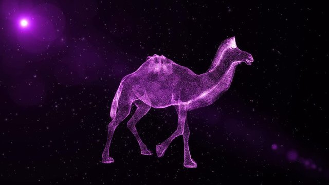 Purple Camel, glowing abstract animal walking through particles, fantasy 3D animation