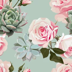 Wall murals Roses Succulents and roses vector seamless pattern of floral ornament with mint green flowered background