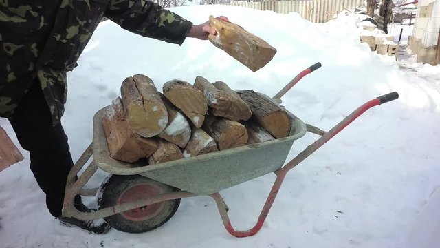 The man is putting the firewood in the wheelbarrow. Winter, snow lies. Slow motion