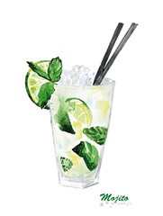 Watercolor lime ice mint cocktail Mojito.