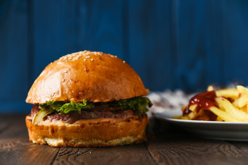 American fast food hamburger beef on wood table