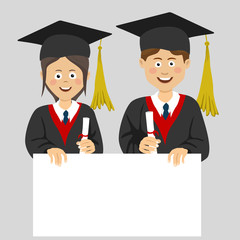 Graduated teenager boy and girl with an empty blank board