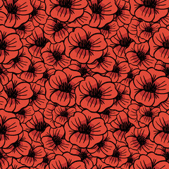 Red hand drawn poppy flowers vector seamless pattern background.