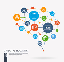 AI creative think system concept. Digital mesh smart brain idea. Futuristic interact neural network grid connect. Blog, video content publish, post writing, follower integrated business vector icons.