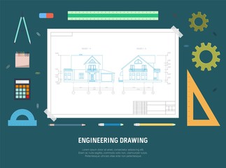 House drawing and drawing tools. The concept of design. Flat vector illustration.