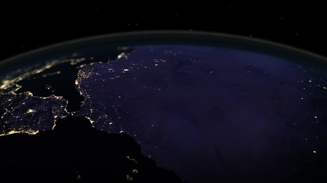 Earth Close Up Rotate Top Middle Night. a view from the top of the Earth spinning during the night
