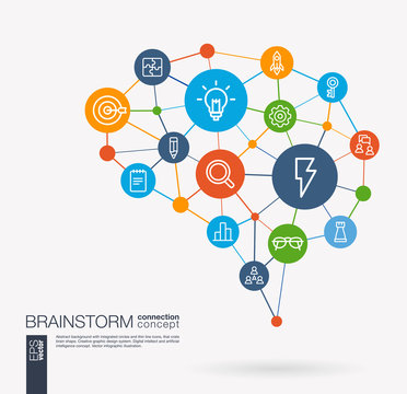 AI creative think system concept. Digital mesh smart brain idea. Futuristic interact neural network grid connect. Brainstorm, light bulb, imagination, team work integrated business vector icons.