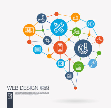 AI creative think system concept. Digital mesh smart brain idea. Futuristic interact neural network grid connect. Web development, seo, website creating, app design integrated business vector icons.
