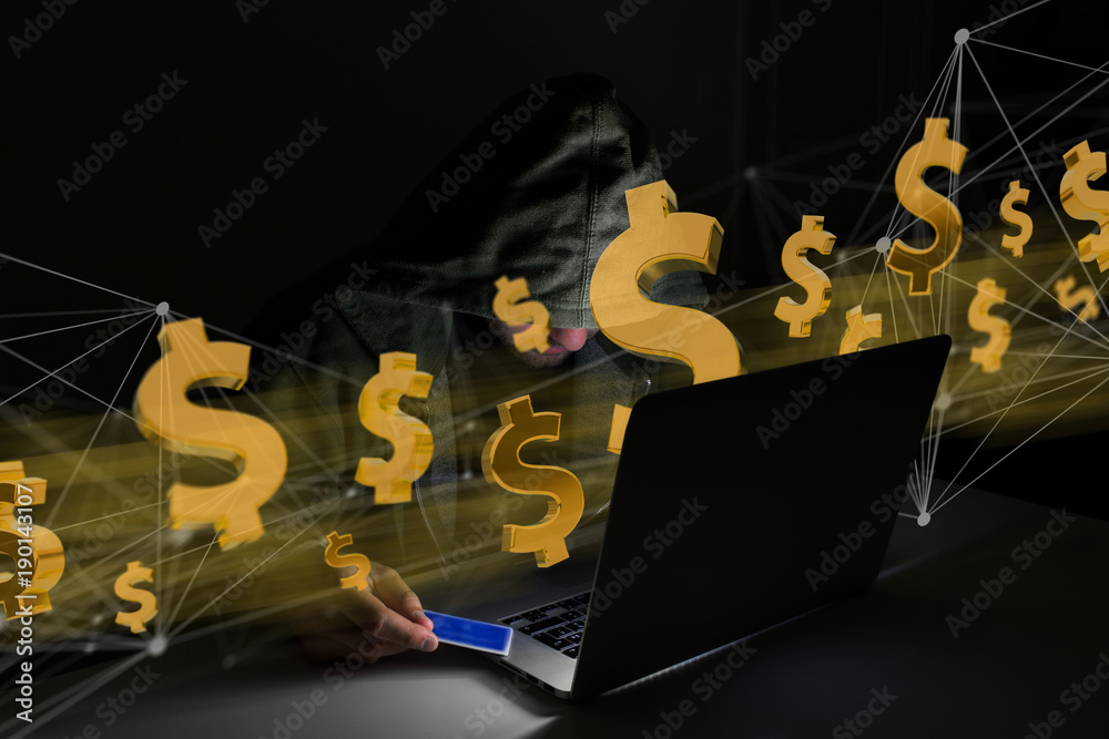 Poster hacker man in the dark using computer to hack data and information system