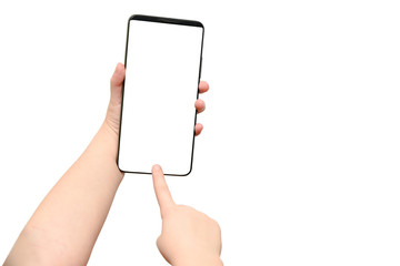 Child hands touches the smart phone no frame display
