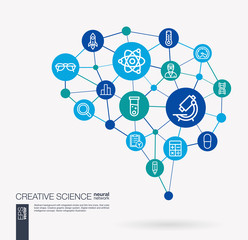 AI creative think system concept. Digital mesh smart brain idea. Futuristic interact neural network grid connect. Science, laboratory test, research, innovation integrated business vector icons.