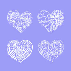 Vector set of four doodle hand drawn white hearts on violet background. Card for Saint Valentines Day. Symbol of love. heart in zentangle style.