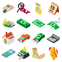 Taxes accounting money icons set, isometric style