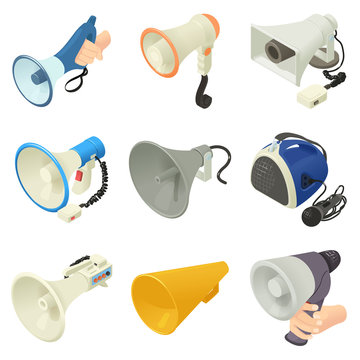 Megaphone Loud Speaker Icons Set, Isometric Style