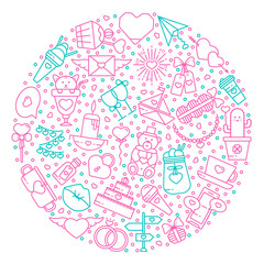 Valentine's Day flat line icons and symbols into a circle. Vector round composition for valentine cards, poster, invitation, banner or wallpaper in thin linear design.