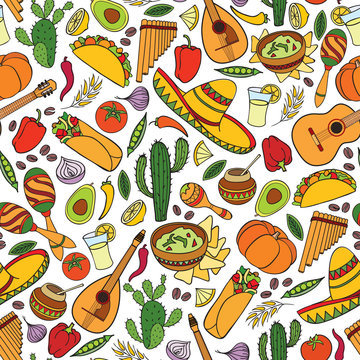 Mexican food and musical instruments seamless pattern. Travel Mexico background