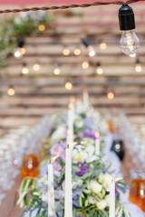 Glasses on the festive table setting. Wedding table decor concept. Table setting in classic style, setout. fine art.