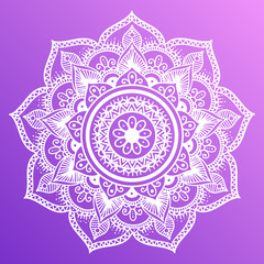 Colorful violet background flower mandala. Vintage decorative gradient element. Ornamental round doodle flower. Geometric circle element. Vector illustration.