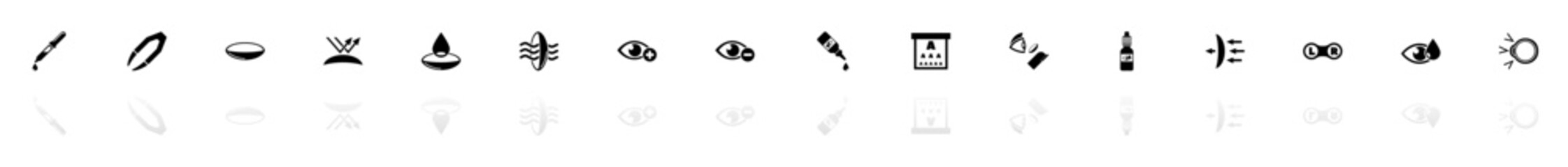 Eye Lens icons - Black horizontal Illustration symbol on White Background with a mirror Shadow reflection. Flat Vector Icon.