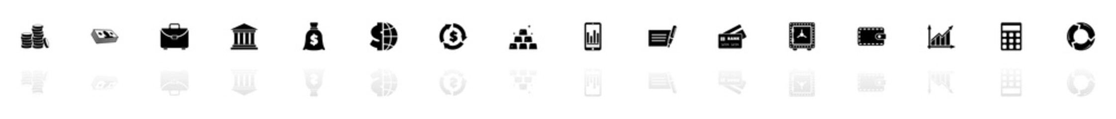 Financical icons - Black horizontal Illustration symbol on White Background with a mirror Shadow reflection. Flat Vector Icon.
