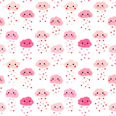 Cute vector seamless pattern with pink clouds with smiling faces and heart shaped rain for kids clothing and Valentine's day designs