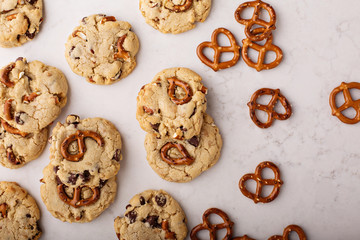 Chocolate chips and pretzels cookies on a marble table