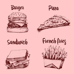 cooking collection, fast food. pizza and burger, french fries, chicken and sandwich. engraved hand drawn in old sketch and vintage style.