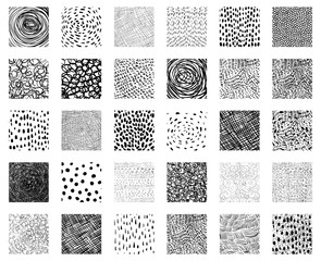 Hand drawn vector square texture shapes with lines, dots, scribbles and other strokes for graphic design