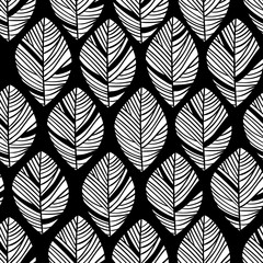 Fototapeta premium Floral linear seamless decorative pattern. Scribble background with leafs. Black and white contour fabric texture. Hand drawn template for design