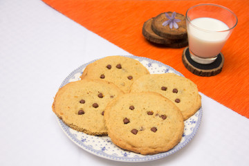 Chocolate chips cookies and milk