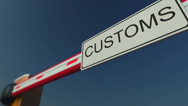 Closing barrier gate with CUSTOMS sign. Conceptual animation