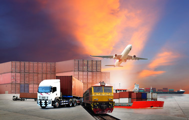 Transportation, import-export and logistics concept, container truck, ship in port and freight...