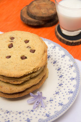 Chocolate chips cookies and milk